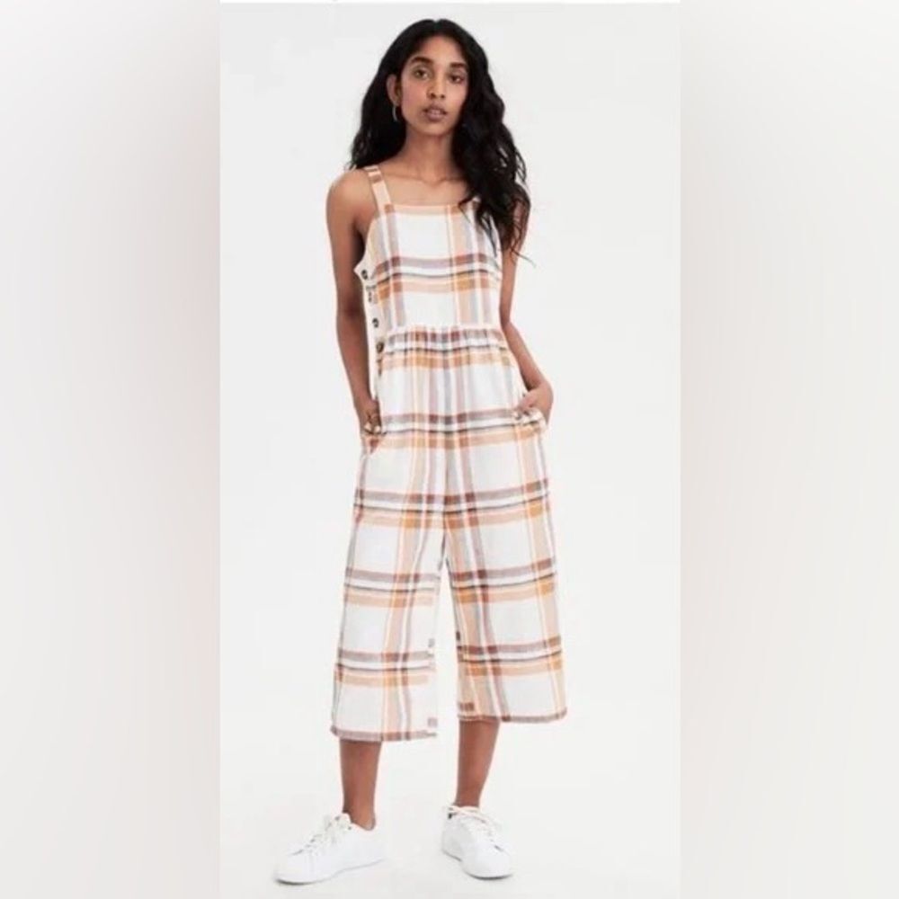 American Eagle Plaid Overall Jumpsuit Pockets Fall colors Size 00 GUC W/ flaw